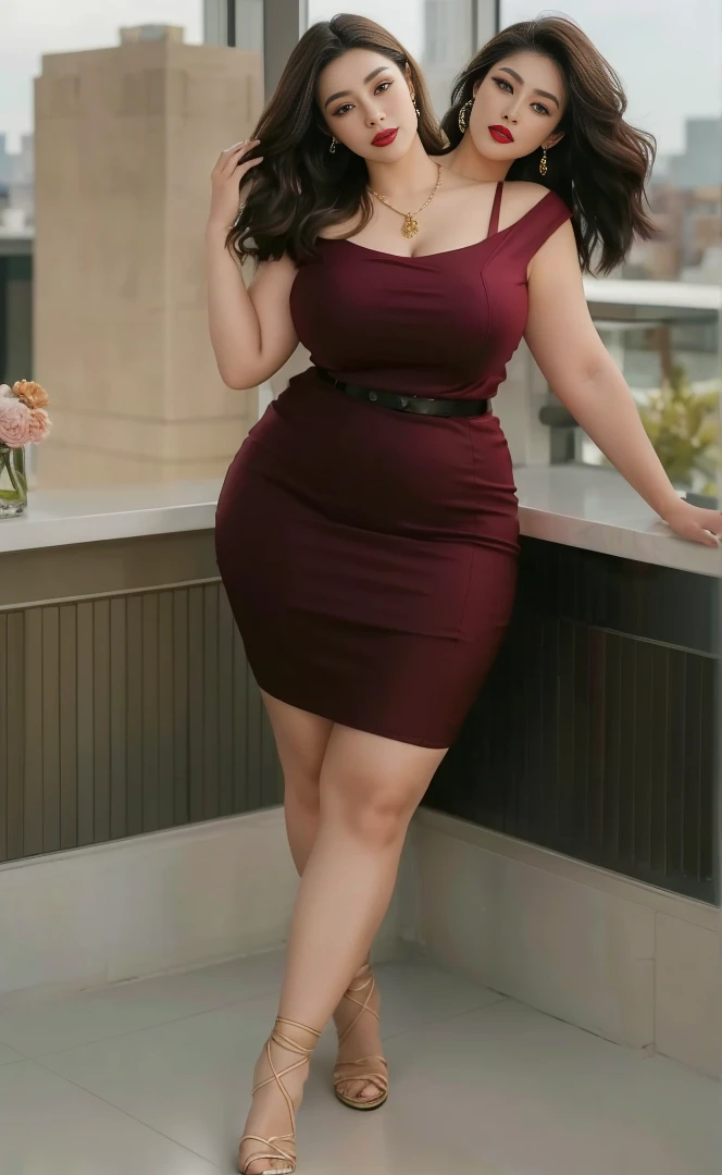 heeled sandals, beautiful landscape, treesA woman wearing a blouse and dark tight skirt, Symmetrical blouse, tight skirt and thin belt, Elegant materials and design, ,cosmetic, (lipstick: 1.1), (Eyeliner: 1.2), mascara, An Asian Japanese woman,super thick thighs, enormous busty,25 years old,big eyes,elegant temperament elegant temperament,(masterpiece:1.2, best quality), Practical, (The true situation,25 years old, Intricate details, Depth of Field), careful, The content is very detailed, This is a perfect face, Perfect body, Large Model, Mature woman, High,8K,best quality, masterpiece, Ultra-high resolution,(lifelike:1.4), original photo, Stay focused, detailed, Dramatic, Exquisite beautiful woman, (tall and straight:1.1),,half butterfly earrings, double ring necklace, (:1.05), (25 years old, : 1.4),Long curly hair, Dynamic angle, (red lips)