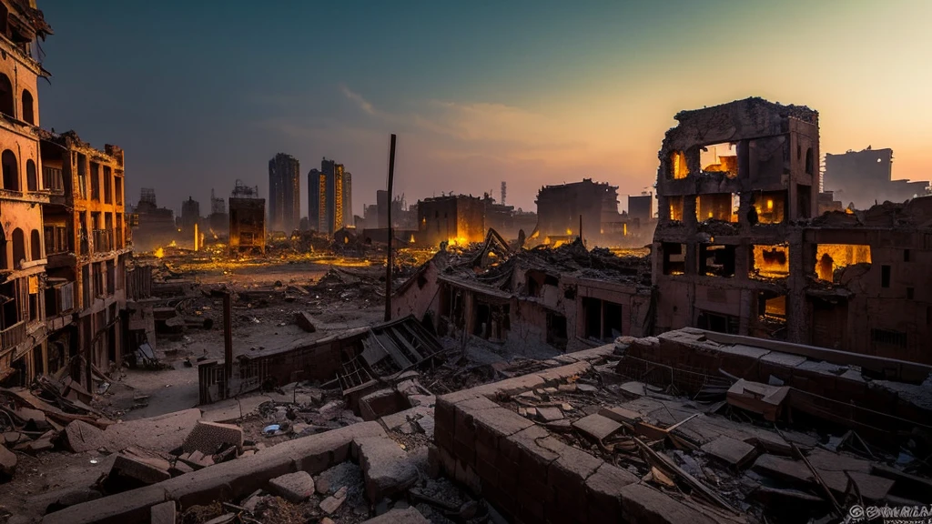 up close scene of ancient city of ruins, on fire, city destroyed, dark, post apocalyptic, artistic, city ruins in background, dark purples, magenta, yellows, fire, abandoned town
