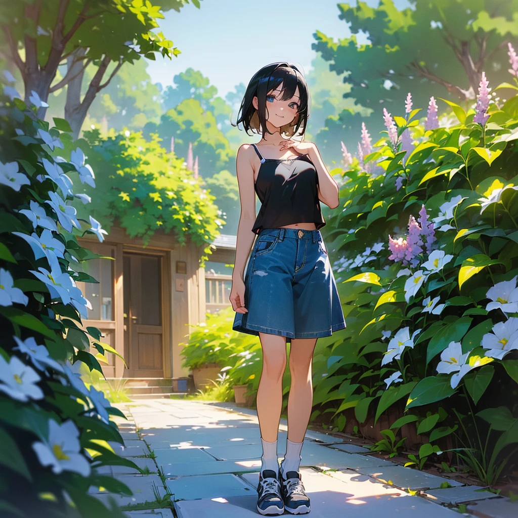 (high quality, High resolution, Very detailed, reality:1.37), Peaceful atmosphere, (Outdoor, garden), age girl standing alone, (my breasts are big.), Beautiful details, Cute Smile, (Black bob hair), camisole, Denim skirt, Blue socks, sneakers.