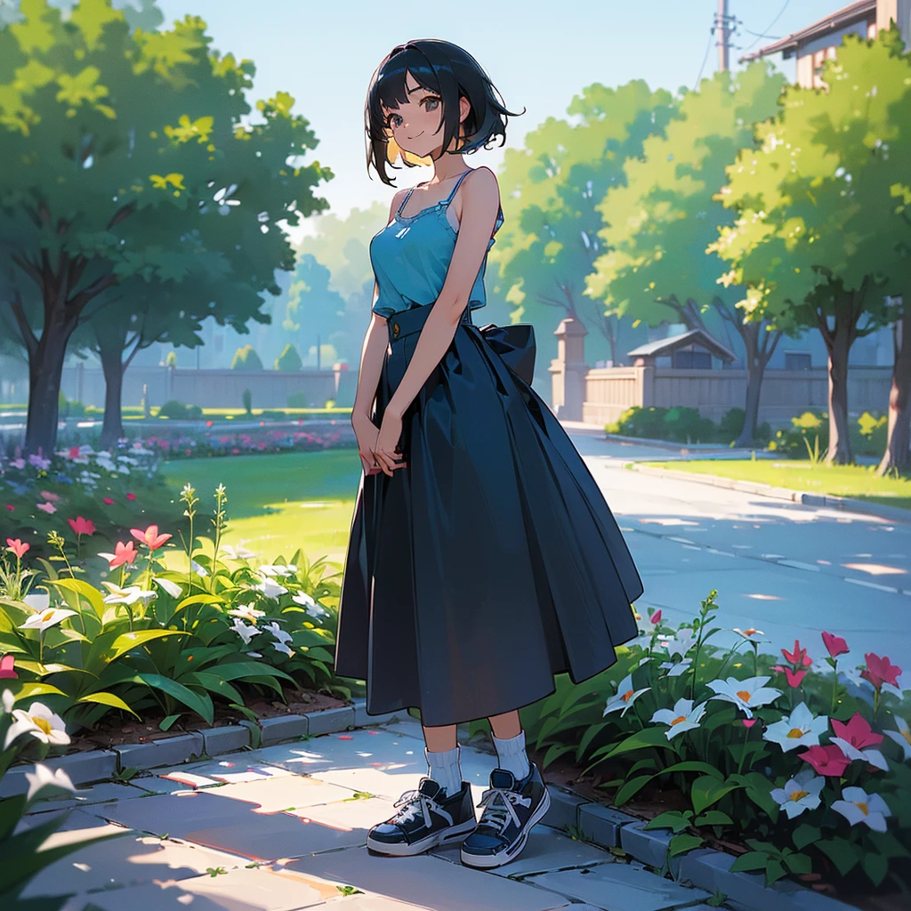 (high quality, High resolution, Very detailed, reality:1.37), Peaceful atmosphere, (Outdoor, garden), Teenage girl standing alone, (my breasts are big.), Beautiful details, Cute Smile, (Black bob hair), camisole, Denim skirt, Blue socks, sneakers.