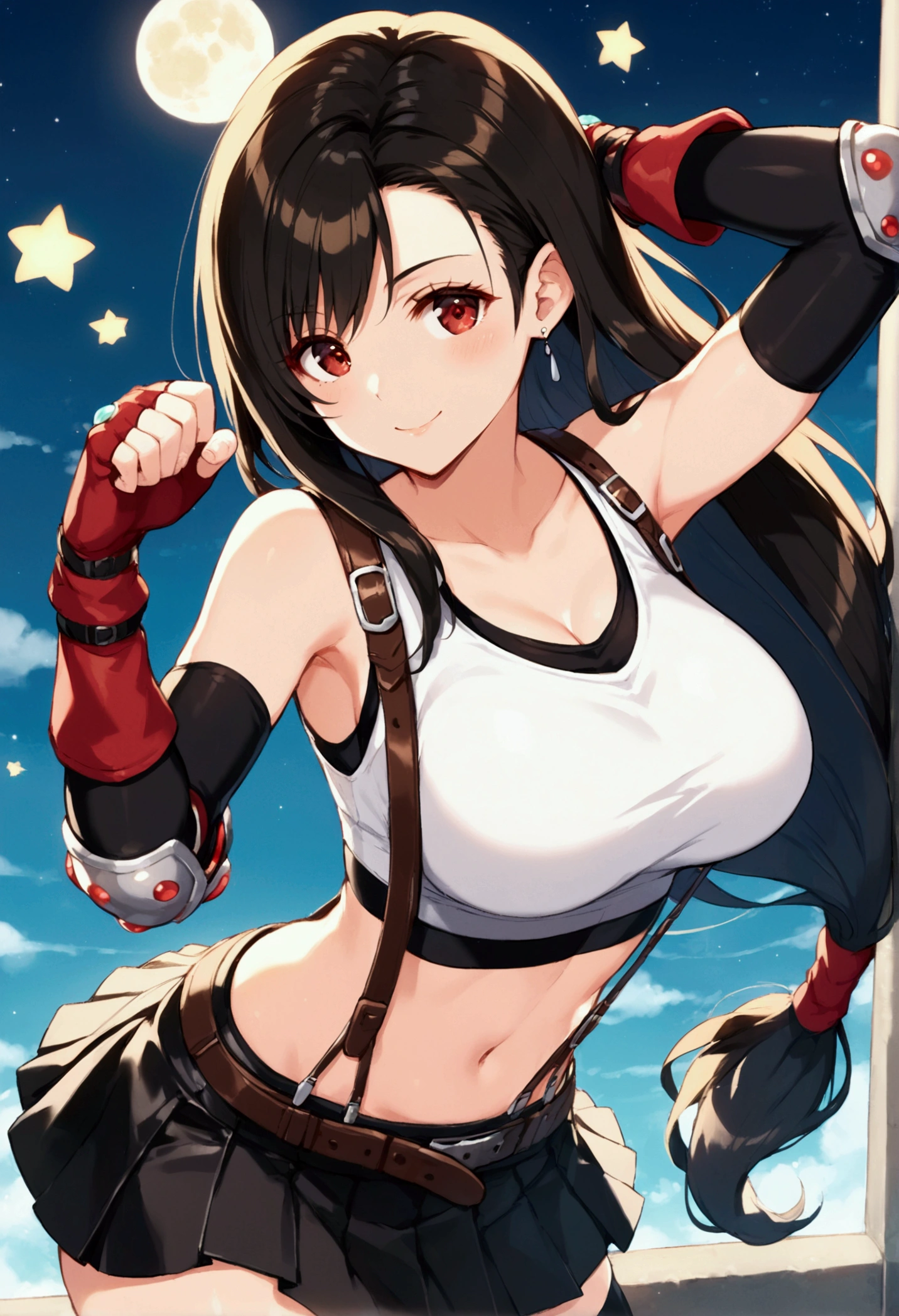 (score_9,score_8_up,score_7_up), masterpiece, best quality, 
newest, recent, perfect anatomy,
official art, best perspective, depth of field,,
very aesthetic, illustration,,(Guts pose),(side pose),dynamicangle ,(upperbody) ,Solo,1girl, tifa lockhart, final fantasy,black hair, low-tied long hair, red eyes, bangs, (white tank top,gap),High exposure，Belly exposure，the ribs，(belt, pleated skirt, thighhighs, elbow fingerless gloves, elbow pads, midriff, navel,suspenders.skirt),beautiful waist ,(large_breast:1.3),light smile,,,outdoor,star sky,night, 　　