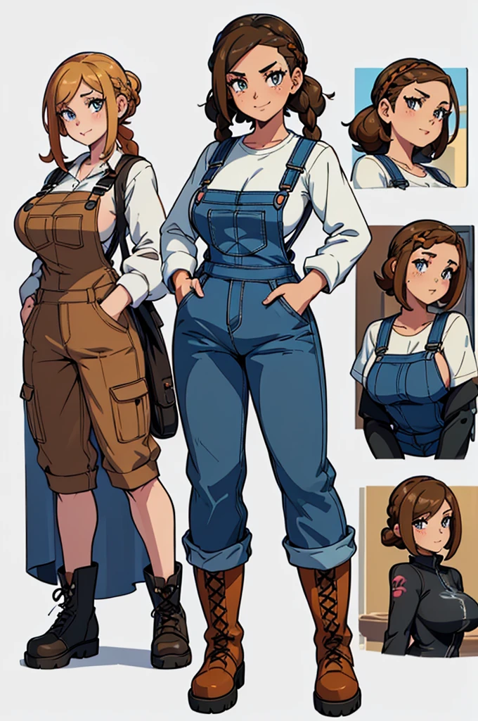 (masterpiece, best quality, high resolution, (pokemon style) ((huge breasts)) 1 girl. Very short brown hair tied in 2 braids, freckles, overalls, long-sleeved shirt, showing navel, boots, smile, ((white background,)), ((full body standing)),