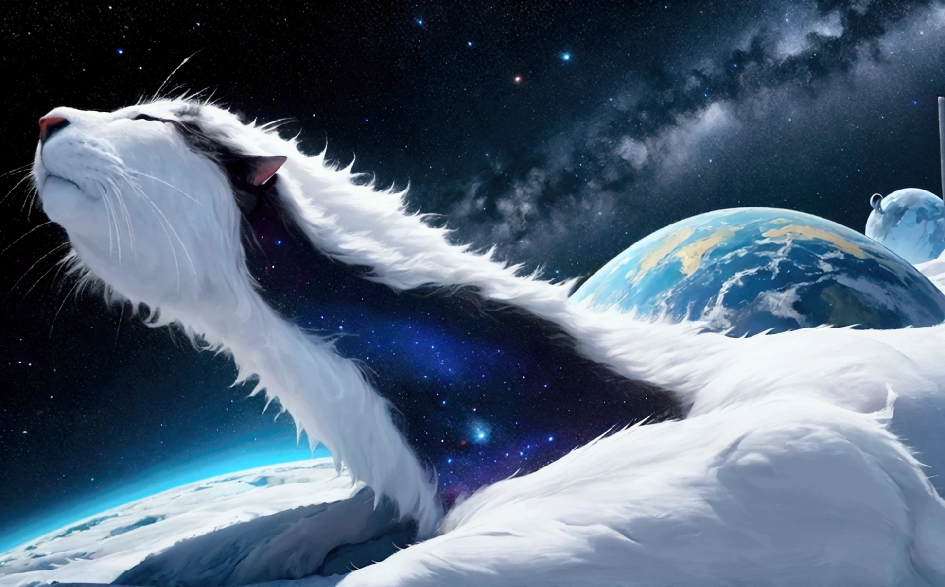 score_9,(best quality,4k,8k,highres,masterpiece:1.2),space,globe,a gigantic cat lying on the north pole, stars, cinematic angle, anime, ultra-detailed,vivid colors,
