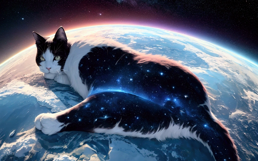 score_9,(best quality,4k,8k,highres,masterpiece:1.2),space,globe,a gigantic cat lying on the north pole, stars, cinematic angle, anime, ultra-detailed,vivid colors,