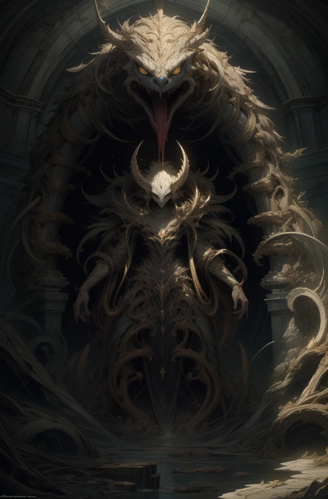 ((Highest quality)), ((masterpiece)), (detailed), Monstrous, beautiful, Highest quality, Perfect lighting, Browsing Caution, Monster smile with curved fangs, Very thin, Disproportionately long arms, Vulture Head, Dirty Feather, sick, worm, Ominous Aura, Something, Chained, god, Cultist clothing, Space horror, whole body