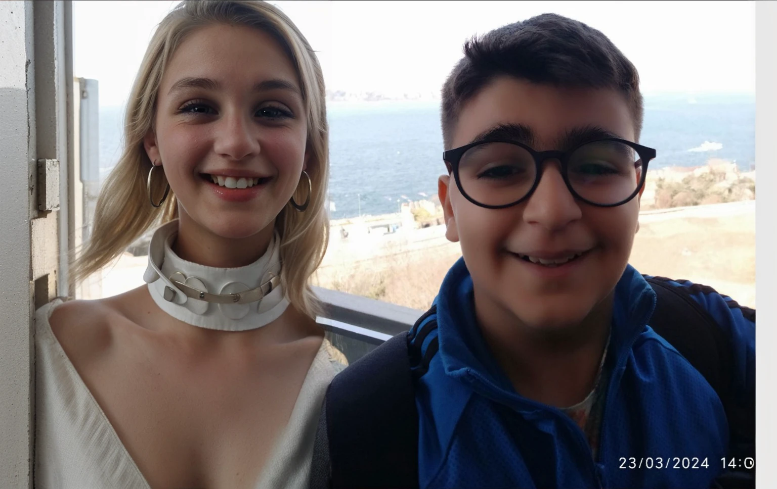 A 13-year-old girl with white skin and blond hair, broad shoulders, covered collar, long earrings and smiling white teeth.
