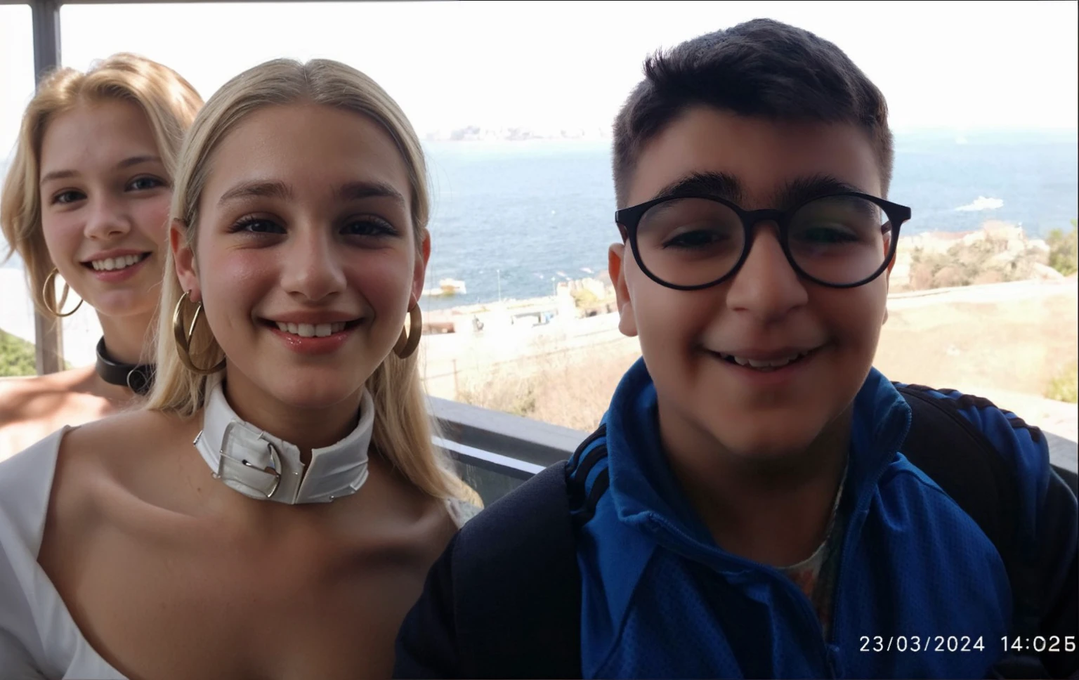 A 13-year-old girl with white skin and blond hair, broad shoulders, covered collar, long earrings and smiling white teeth.
