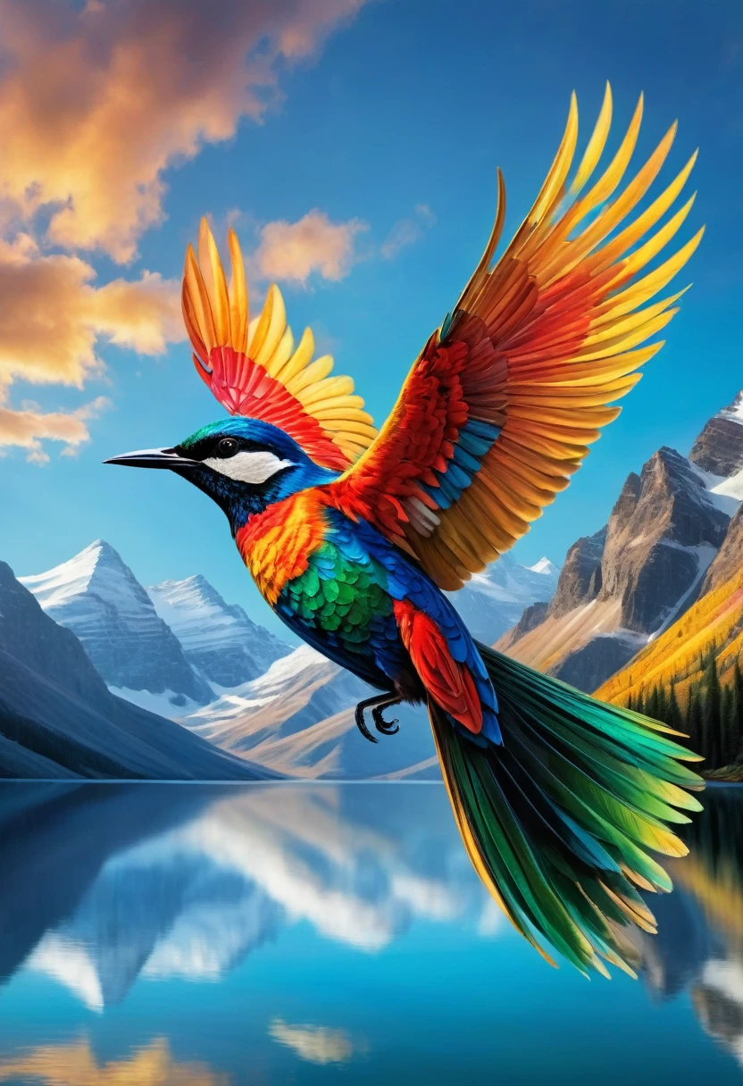 In the midst of a vast, clear sky, a majestic bird soars gracefully, its wings a vibrant tapestry of colors—iridescent blues, fiery reds, golden yellows, and deep greens. The bird performs an intricate aerial maneuver, spiraling and diving with extraordinary precision. Each feather catches the sunlight, creating a dazzling display of shimmering hues. The backdrop is a breathtaking expanse of rugged mountains, their peaks dusted with snow, and a serene lake reflecting the vivid colors of the bird. Wisps of clouds add a touch of ethereal beauty to the scene, framing the bird's extraordinary flight in a picture of pure, natural magnificence.