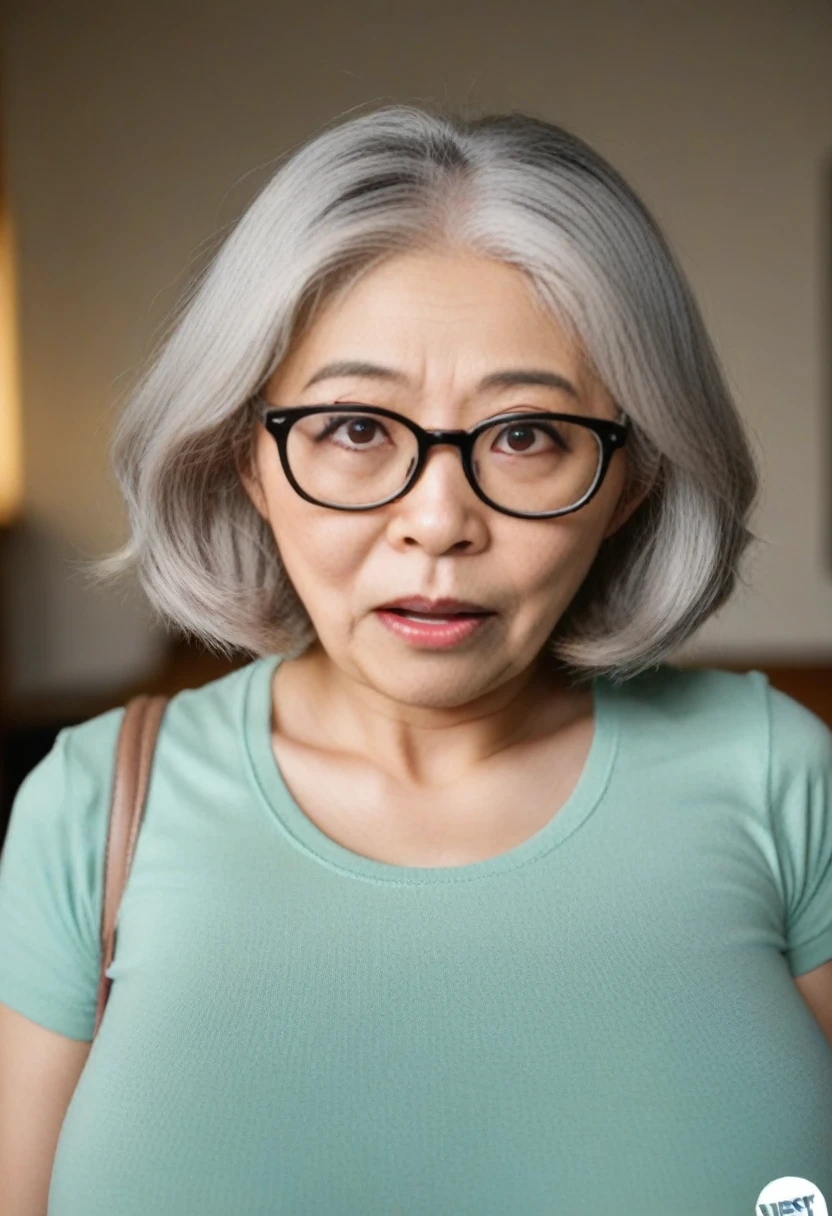 One 75-year-old Japanese woman、Glasses、Gray Hair、Finely wrinkled skin、Bob Hair、Berry Short Cut、Wavy Hair、White T-shirt、Large Breasts、Upper Body、blush、Cleavage:1.5、、Huge penis、Staring at the penis、Sweat、Surprised eyes:0.4、Open your mouth a little、