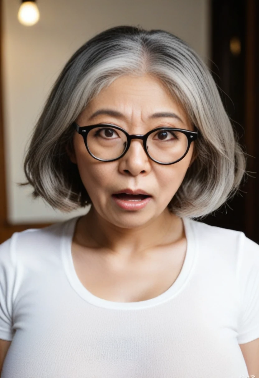 One 75-year-old Japanese woman、Glasses、Gray Hair、Finely wrinkled skin、Bob Hair、Berry Short Cut、Wavy Hair、White T-shirt、Large Breasts、Upper Body、blush、Cleavage:1.5、、Huge penis、Staring at the penis、Sweat、Surprised eyes:0.4、Open your mouth a little、