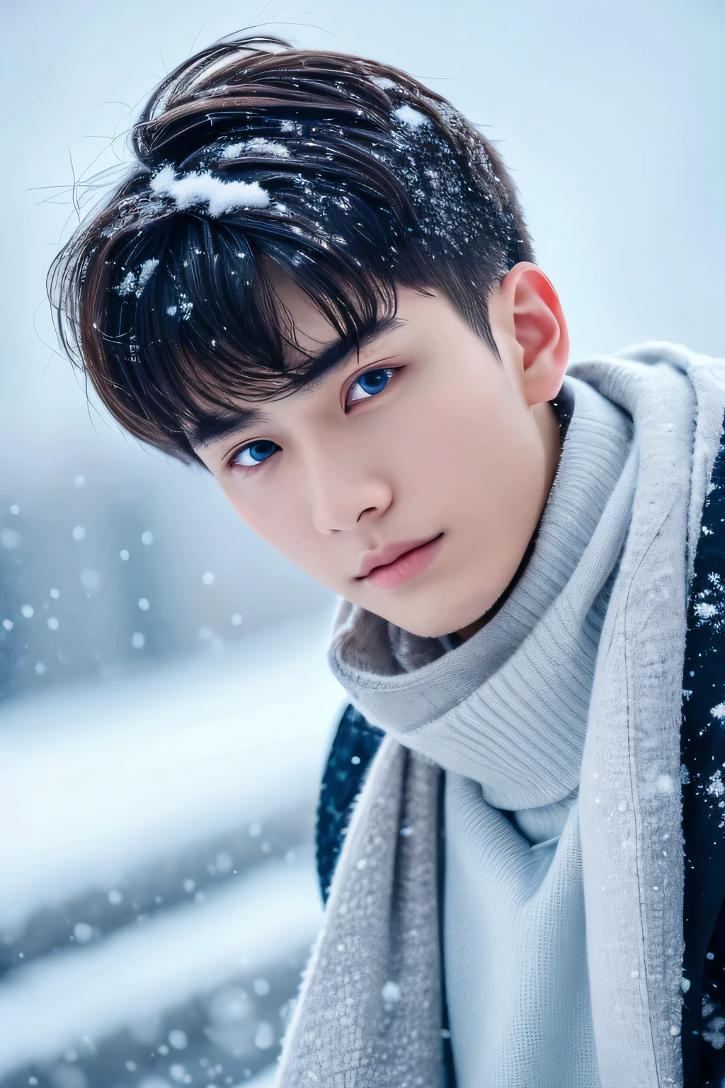 Highest quality, masterpiece, Ultra-high resolution, (Realistic: 1.4), Original photo, wallpaper, Head Photo, skin, Simple Background, Iris, detailed, Selfie, 1 boy, 18-year-old, good looking, Wind,snow