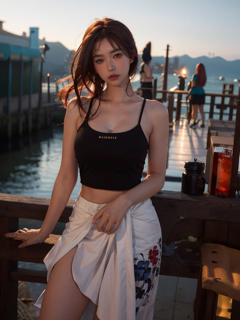 (full body shot:1.3), Best quality, 20y, (chubby:1.2), 1girl, kazakh, wearing floral tanktop, skirt, big breast, (sexy:1.2) (redhead:1.2), hair blowing in the wind, moody, deep shadow, posing in harbor, detailed face and eyes, (perfect object:1.2), portra 400, (cinematic dark lighting:1.3), (ultra highres;1.3), highly detailed:1.3), masterpiece, (sharp focus:1.2), beautiful film bokeh, (surreal view:1.5), candid style, shot by zenit camera with 35mm lens, Portrait by annie leibovitz