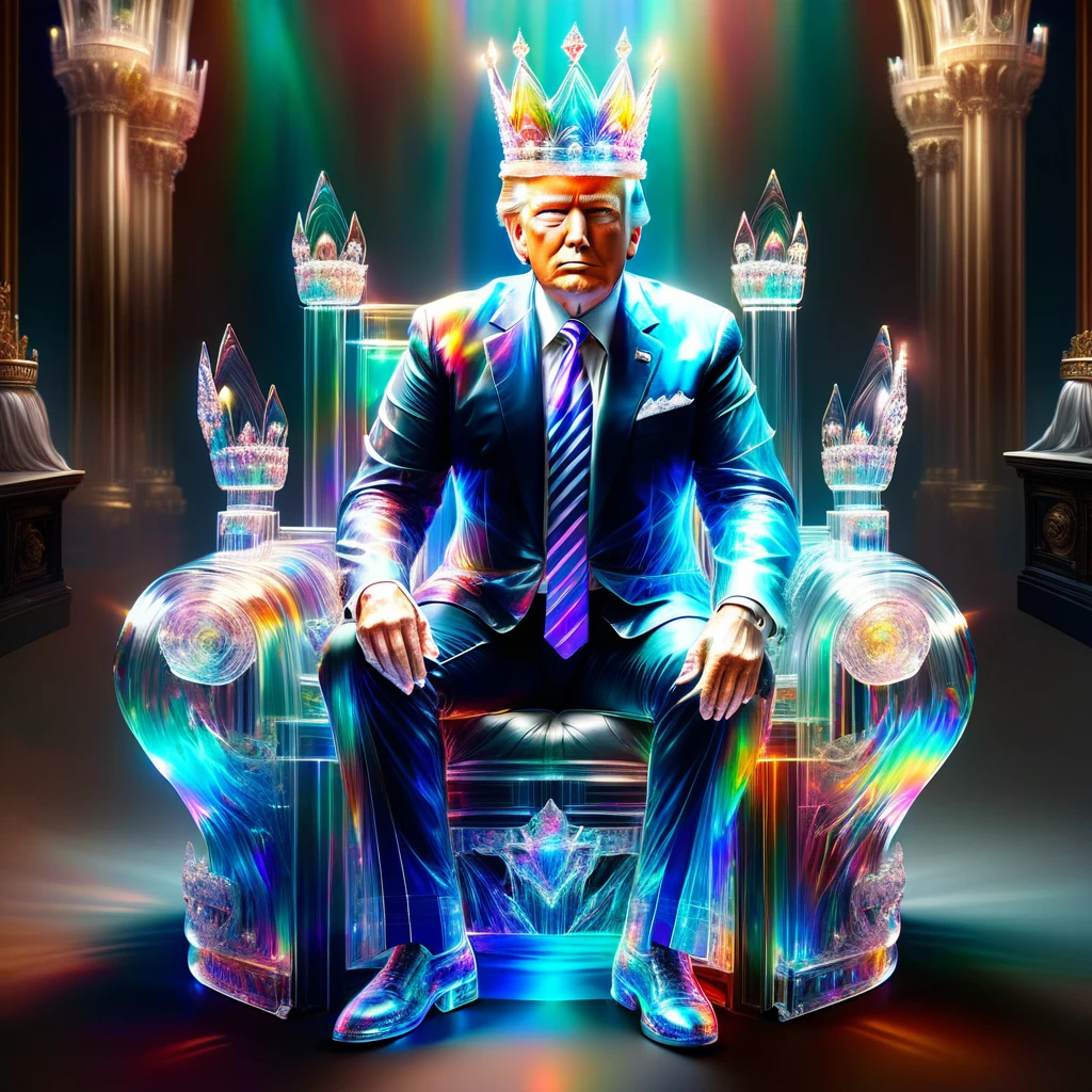 hyper detailed masterpiece, dynamic realistic digital art, incredible quality,transparentes,Donald Trump, sitting on the throne wearing a small crown DonMSp3ctr4lXL