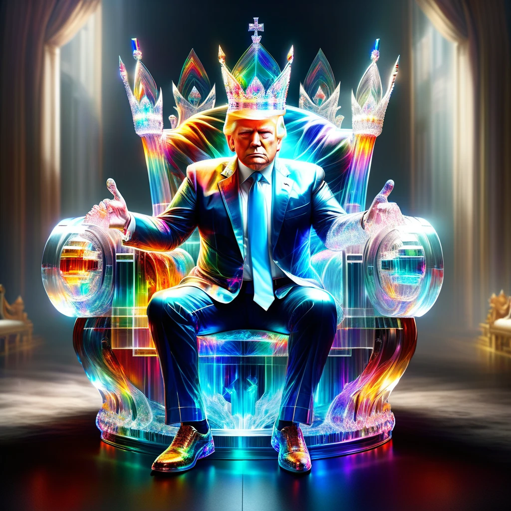 hyper detailed masterpiece, dynamic realistic digital art, incredible quality,transparentes,Donald Trump, sitting on the throne wearing a small crown DonMSp3ctr4lXL