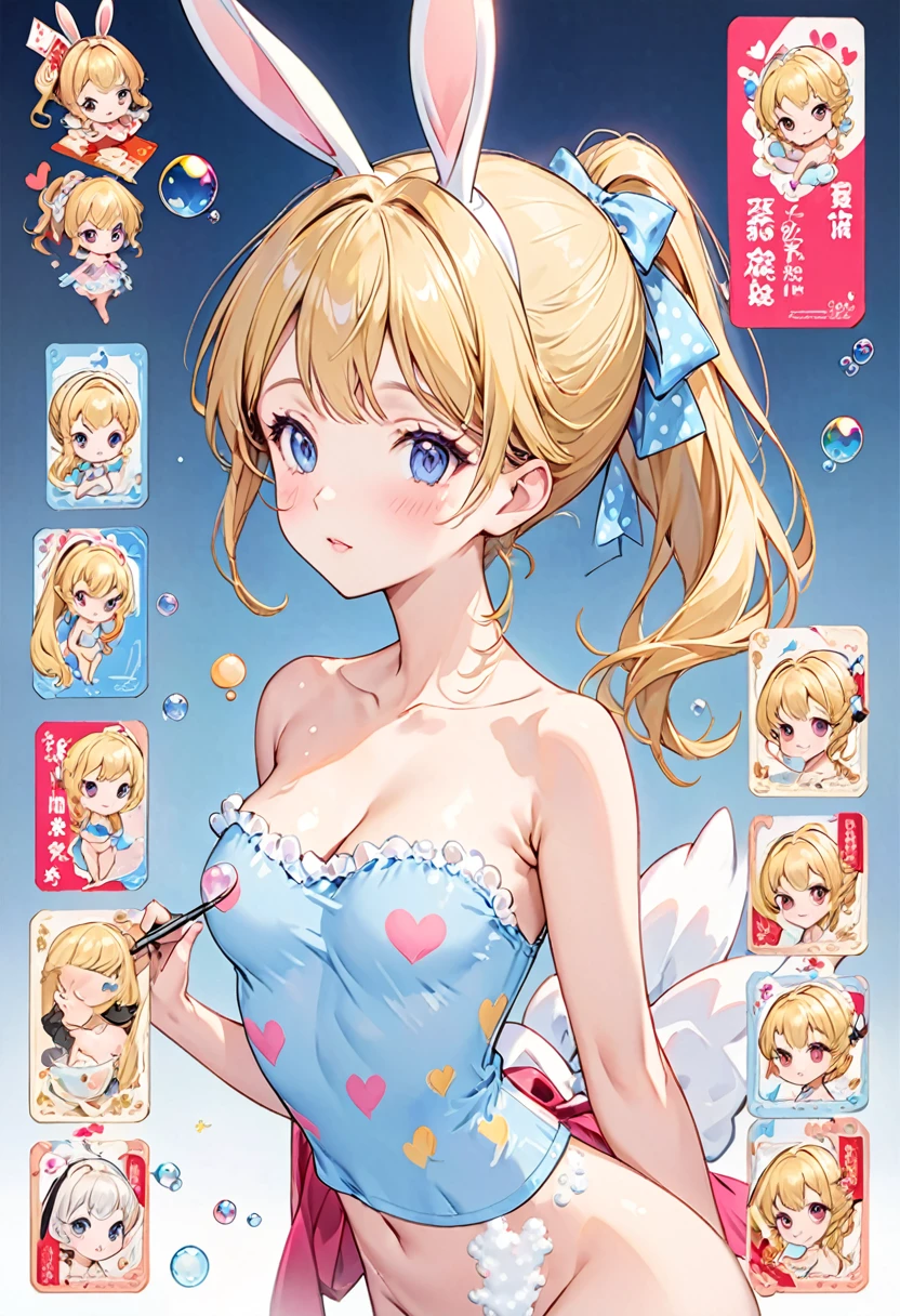 Draw to the smallest detail、Detailed facial depiction、Delicate painting、topless、Nipples are visible、完全にnaked、the body is slim、Tight waist、No background、Beautiful Hair、Delicately draw the face、Drawing nipples、Character Sheet、Character Design、Design Cards、Draw a close-up of a face、belly button、Waistline、完全にnaked、naked、expensive、thin、Blonde、ponytail、Forehead、amount、rib cage、clavicle、cute design、Pop、Sparkling、heart、Trump、Putting on rabbit ears、light blue、pink、Pop文字、Bunny girl、Medium breast、Naked、Ribbon Design、Soap bubble、Polka dot design、