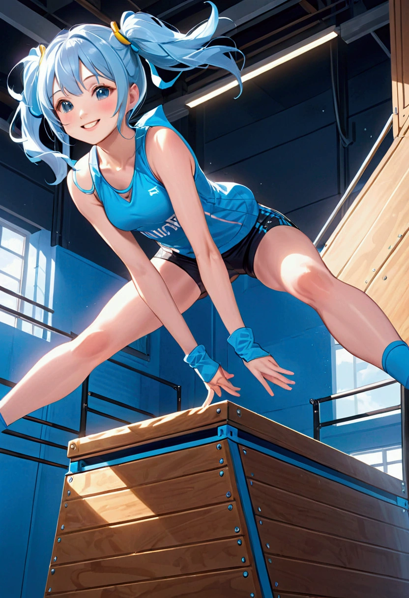 A beautiful girl with long light blue hair and twin tails, Wear gym clothes, Jumping on a vaulting box. Bright smile