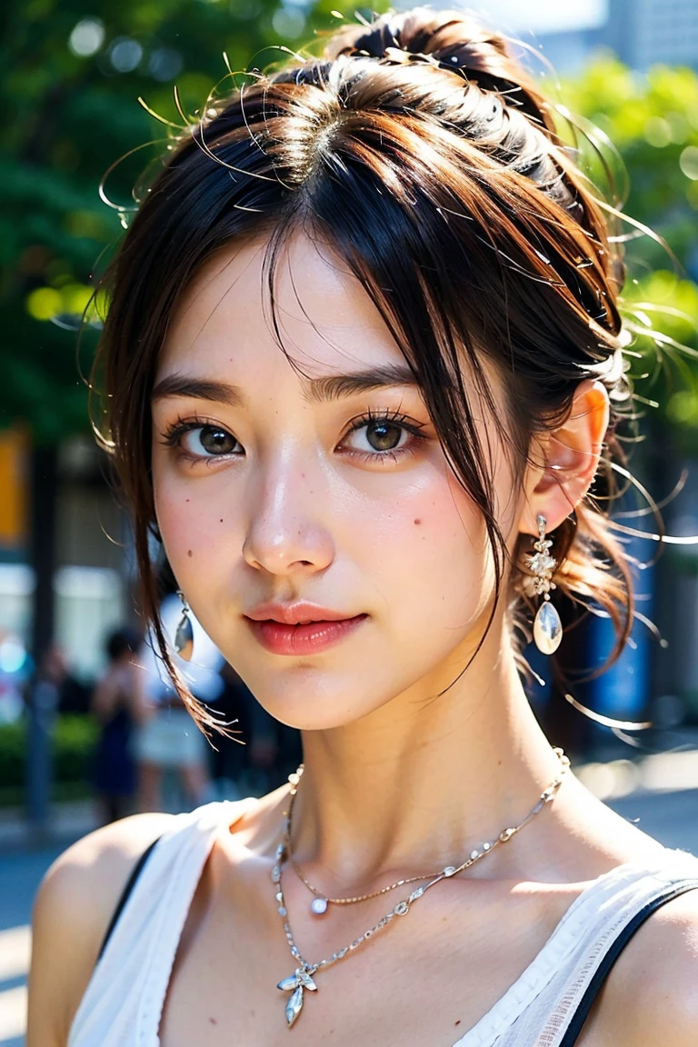 Height: 170cm, 30 years old、Pale face and eyes:1.3、Very thin face and eyes:1.3, (blown eyes:1.5)、{highest quality}, {{masterpiece}}, {very delicate and beautiful}, outstanding light and shadow, highly detailed wallpaper, clear and bright sunlight, 1 girl, , blush, short bob hair, (シースルーの白いブラウス:1.3、白いシースルーのミニタイトスカート:1.3、スーパーモデルの脚、ローヒール),  delicate hair, (realistic skin texture:1.3), saggy breasts, cleavage、or wrinkles on the skin are noticeable., B cup, broad shoulders, ((ダイナミックなモデルポージング)), necklace、ring、earrings、smile、Shibuya city background:1.5
