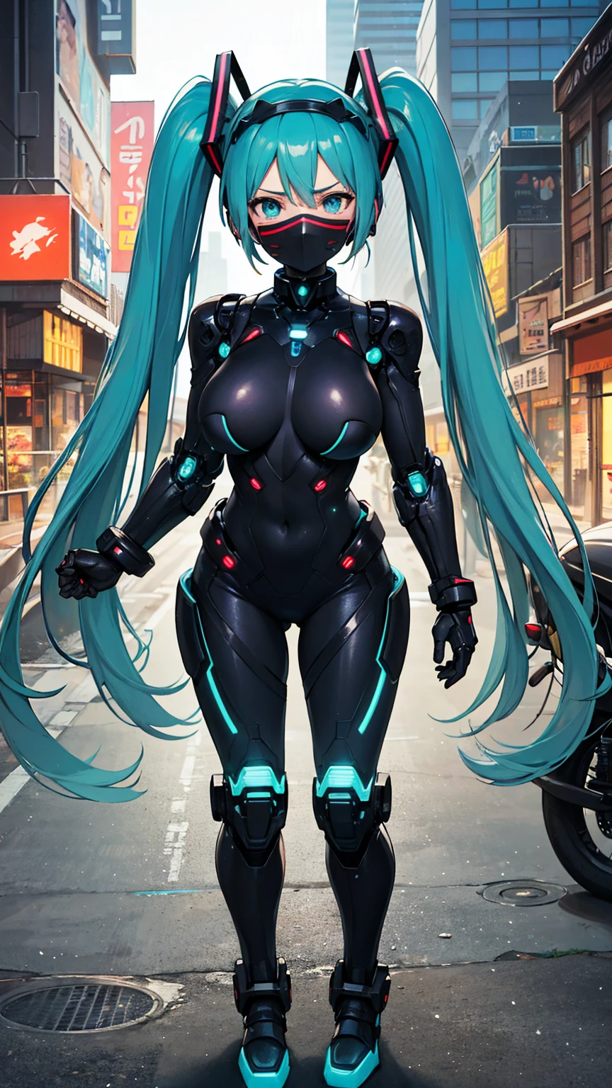 1girl, solo, (hatsune miku), big breasts, aqua hair, aqua eyes, twintails, heavy cybernetic boots, heavy cybernetic gauntlets, heavy cybernetic leotard, high heels, (heavy cybernetic visor:1.1), cybernetic face mask, cybernetic armor plating, mechanical parts, determined, glowing neon, thrusters, armor cooling vents, android, science fiction, motorcycle, mobile suit, good_face:0.8