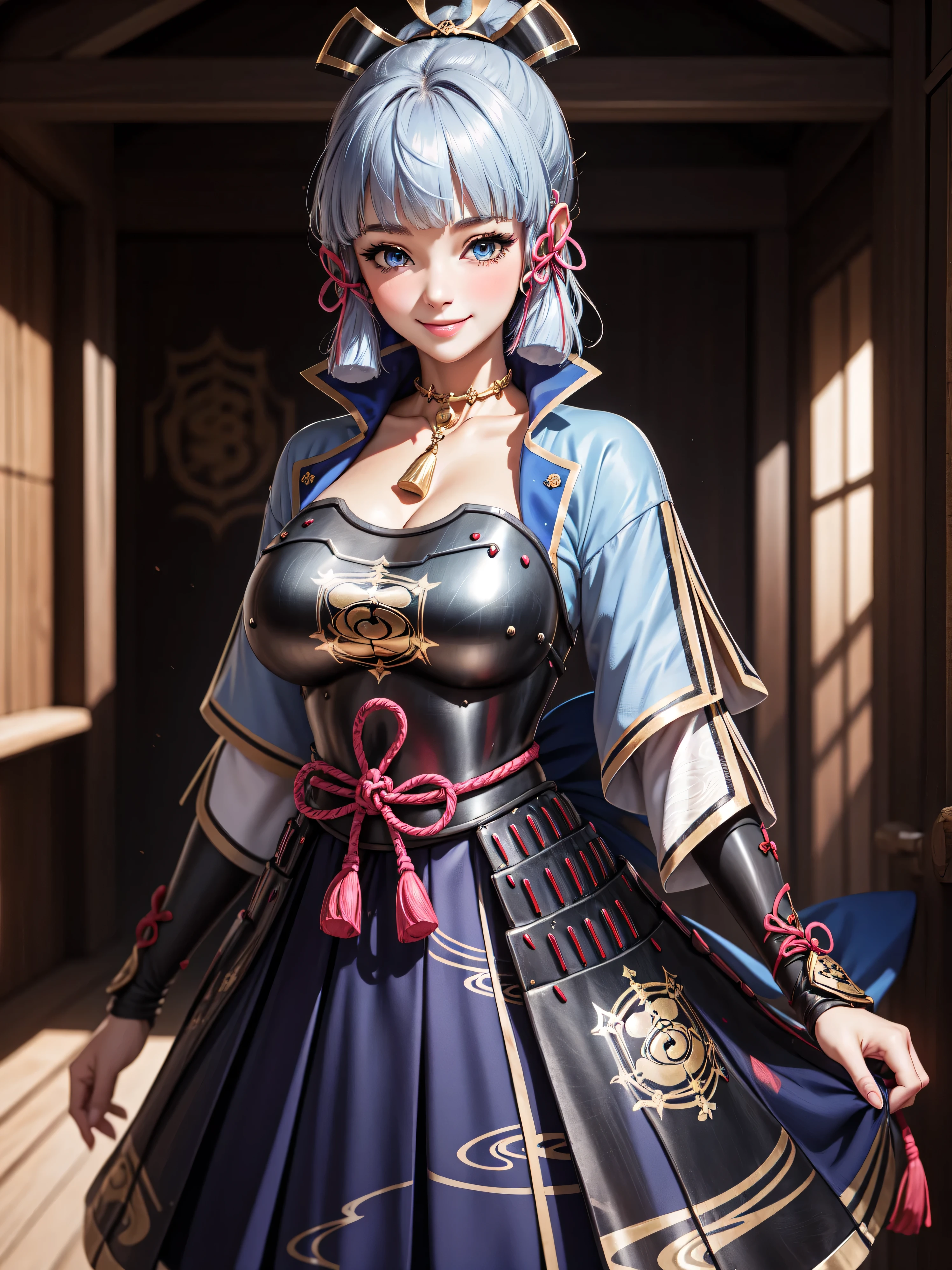 Masterpiece, ultra detail, high quality, 8k cg, (huge breasts), kamisatoayakadef, blush, bright eyes, standing, village, slim body, narrow waist, upper body, smile