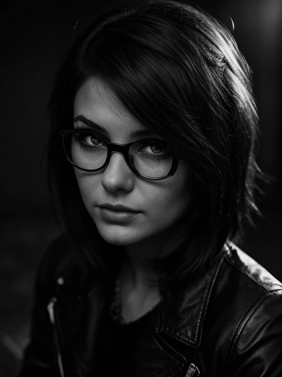 Raw monochrome photo, subject, (very detailed skin:1.2), contract for 8 thousand., SLR camera, soft lighting, high quality, detailing, Fujifilm XT3 monochrome film, masterpiece,Best quality,Ультра подробный masterpiece, Photography for documents, 1 charming chubby girl with glasses, 22 years old, with aesthetic small breasts, upper body, medium shot, long shot,(((punk hairstyle))), realistic very tousled dark brown tousled hair, beautiful full sensual lips, реалистичные выразительные тёмно-Brown eyes, realistic glasses with distorting lenses, Black leather jacket, clear sharp focus, twilight, ambient light of a photo studio,Shadow on the face, reflection in Очки lenses, eye reflection, detailed eyes,Brown eyes,beautiful eyes,detailed face,real realistic skin,chiaroscuro, (high contrast):1.2, Dramatic shadows, Bold text, moody atmosphere, a lot of background, wide background frame,  Thrilling Intensity,  expressive writing style, Black and white photography 