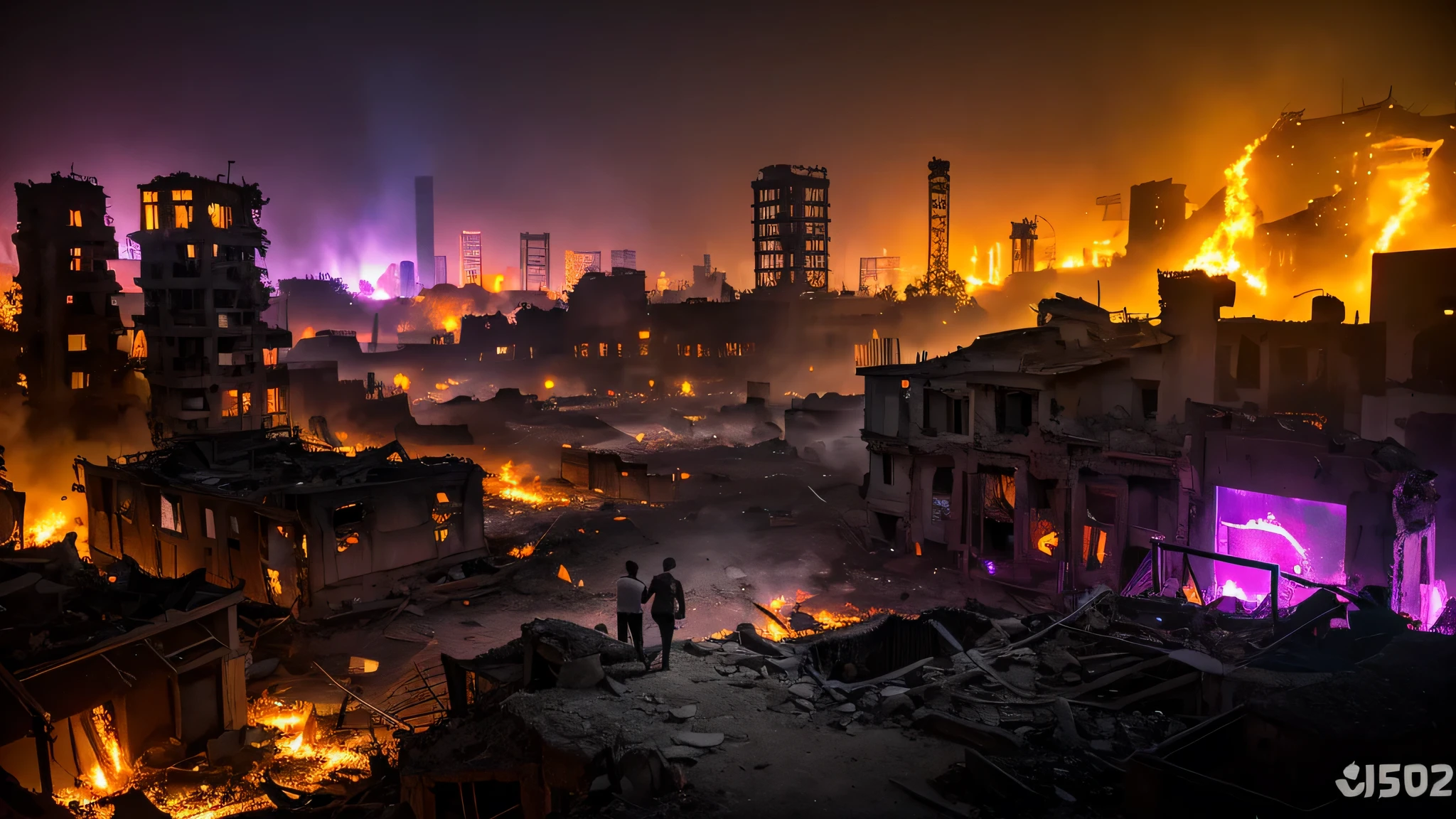 up close scene of ancient town of ruins, on fire, city destroyed, dark, post apocalyptic, artistic, city ruins in background, dark purples, magenta, yellows, lots of active fire, abandoned town, burning,