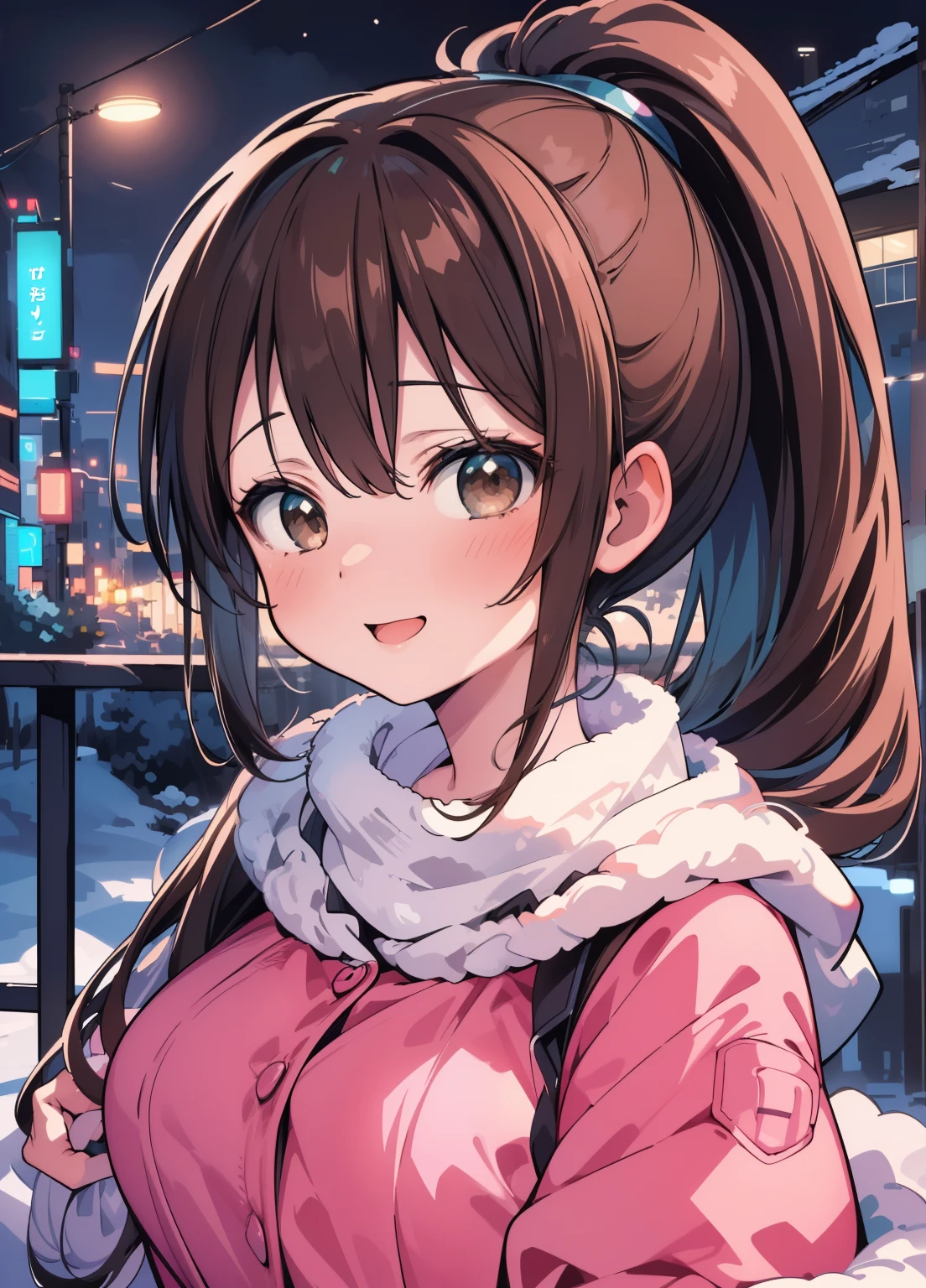 (masterpiece、Highest quality、Highest quality、Official Art、Beautiful and beautiful:1.2)、(One girl:1.3)Hatsune Miku、Twin tails,Beautiful breasts,(Close-up of a woman)、Depiction of the upper body、30-year-old woman、smile、((ponytail、Brown Hair))、blush、(Please open your mouth a little、High resolution、16K))、Cute Winter Clothes、((Late night love hotel district、neon))