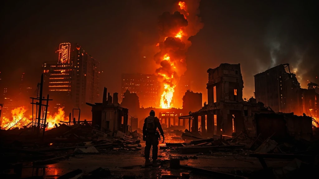 up close scene of ancient city of ruins, on fire, city destroyed, dark, post apocalyptic, artistic, city ruins in background, dark red, red, orange, yellow, black, fire, abandoned town