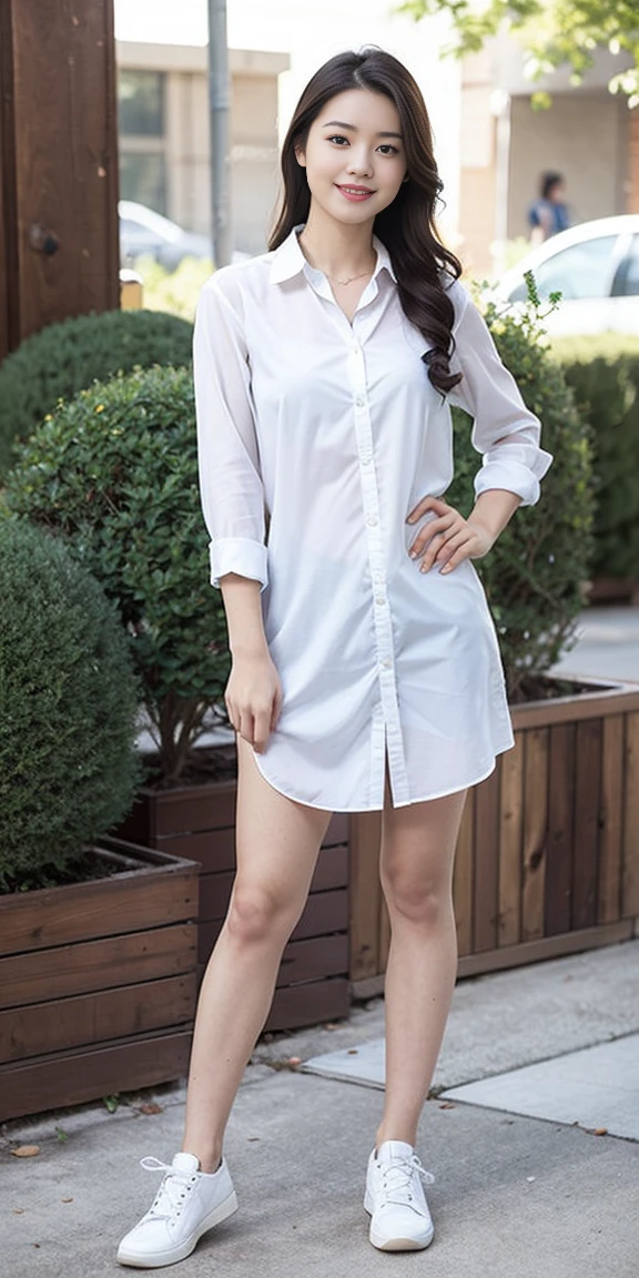 1girl, solo, long hair, looking at viewer, smile, brown hair, shirt, black hair, brown eyes, standing, full body, outdoors, shoes, day, collared shirt, lips, hand on hip, bare legs, dress shirt, white footwear, blue shirt, plant, sleeves rolled up, realistic, no socks