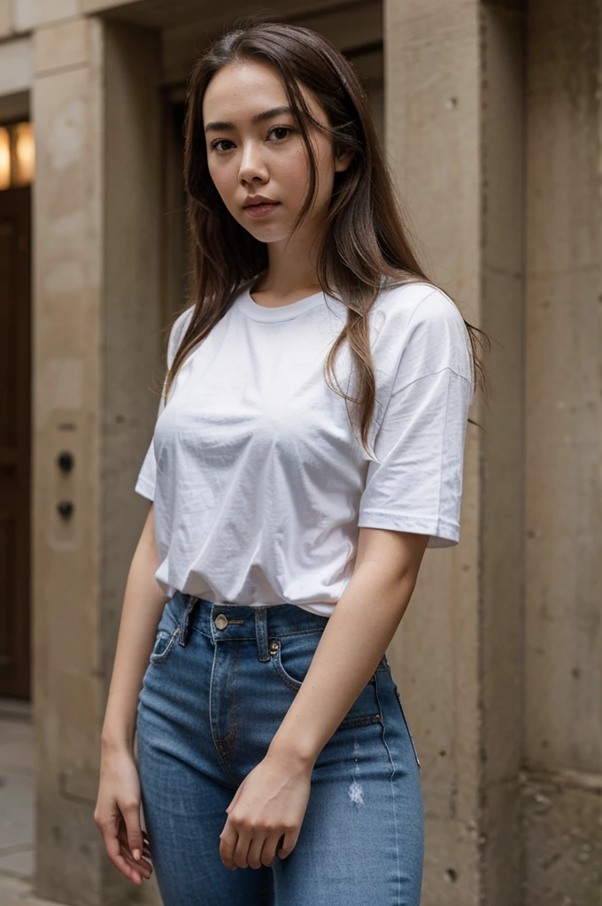 Jessica Henwick, blonde hair, black jaquet, white t-shirt, blue jeans.