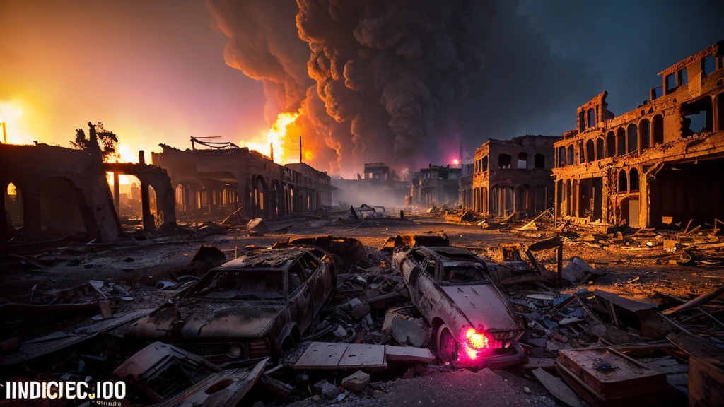 up close scene of ancient town of ruins, on fire, city destroyed, dark, post apocalyptic, artistic, city ruins in background, dark purples, magenta, yellows, lots of active fire, abandoned town, burning,