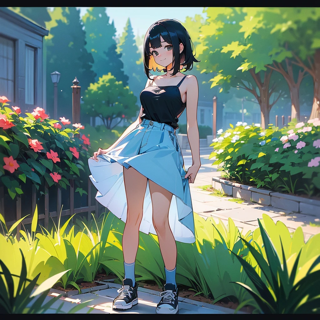 (high quality, High resolution, Very detailed, reality:1.37), Peaceful atmosphere, (Outdoor, garden), Teenage girl standing alone, (my breasts are big.), Beautiful details, Cute Smile, (Black bob hair), camisole, Denim skirt, Blue socks, sneakers.