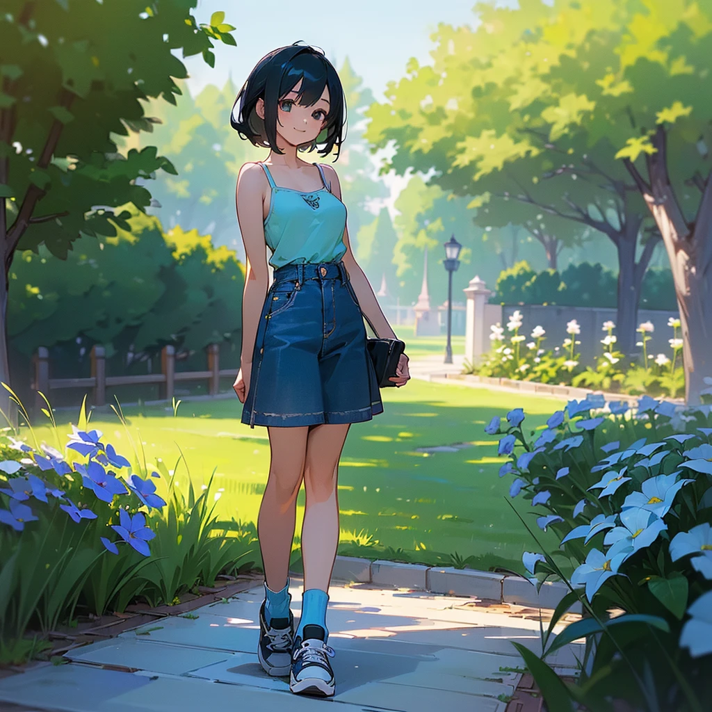 (high quality, High resolution, Very detailed, reality:1.37), Peaceful atmosphere, (Outdoor, garden),  girl standing alone, (my breasts are big.), Beautiful details, Cute Smile, (Black bob hair), camisole, Denim skirt, Blue socks, sneakers.