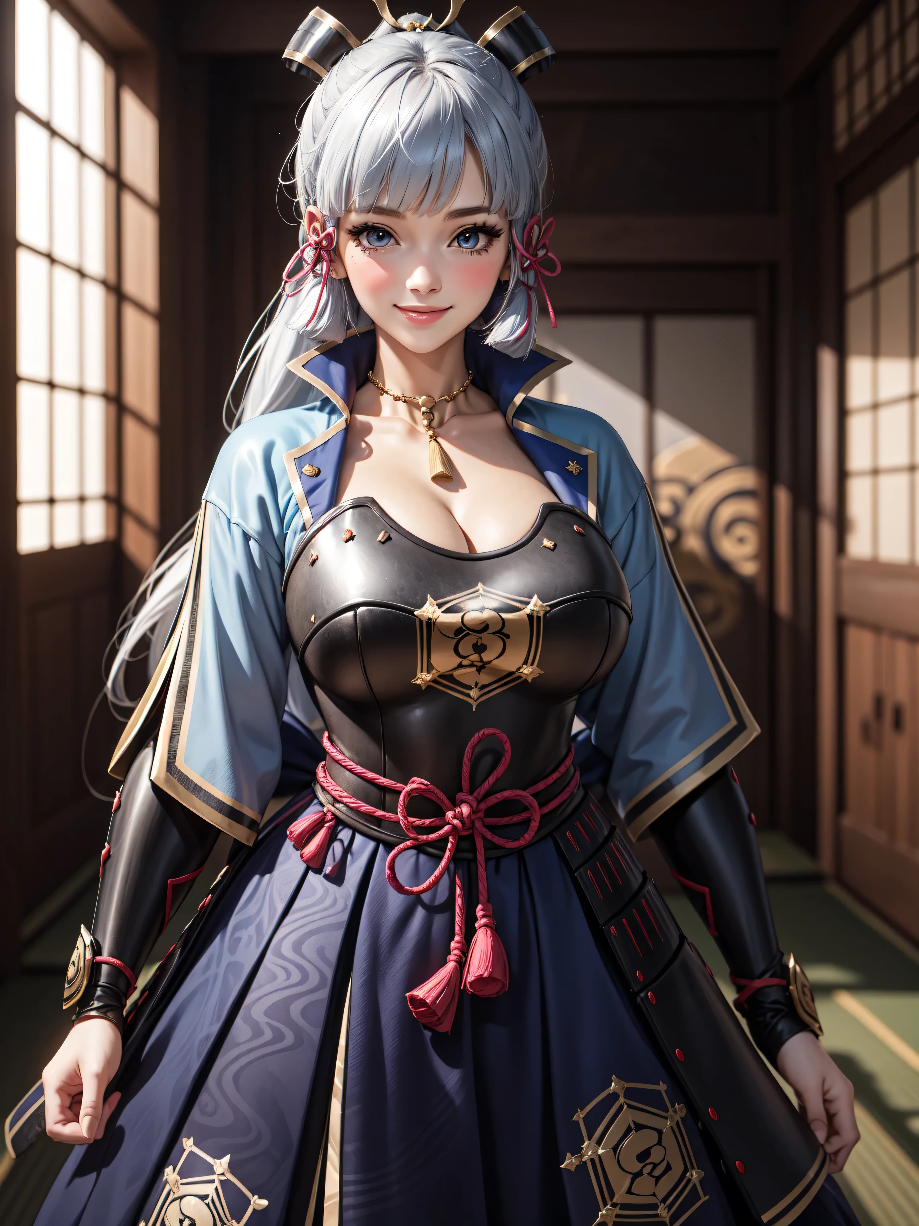 Masterpiece, ultra detail, high quality, 8k cg, (huge breasts), kamisatoayakadef, blush, bright eyes, standing, village, slim body, narrow waist, upper body, smile