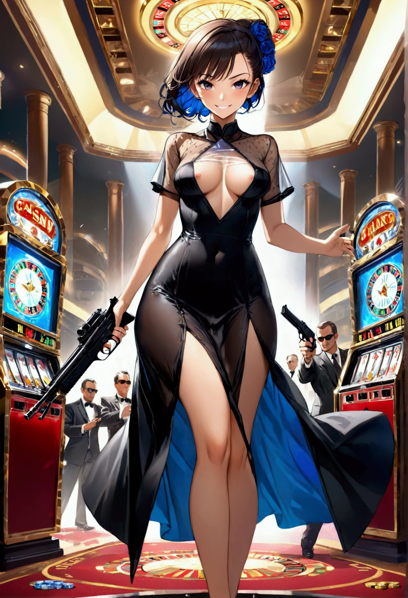 (Best quality:1.4), (ultra detailed:1.4), full body shot , smirk, smirk, sexy one piece semi long dress, transparency, no underwear, opened on chest, spy outfit,holding a gun and shooting at enemies,war set,highly detailed,photorealistic,intricate details,dramatic lighting,cinematic composition,vibrant colors,dynamic action pose, casino setup, lots of people around