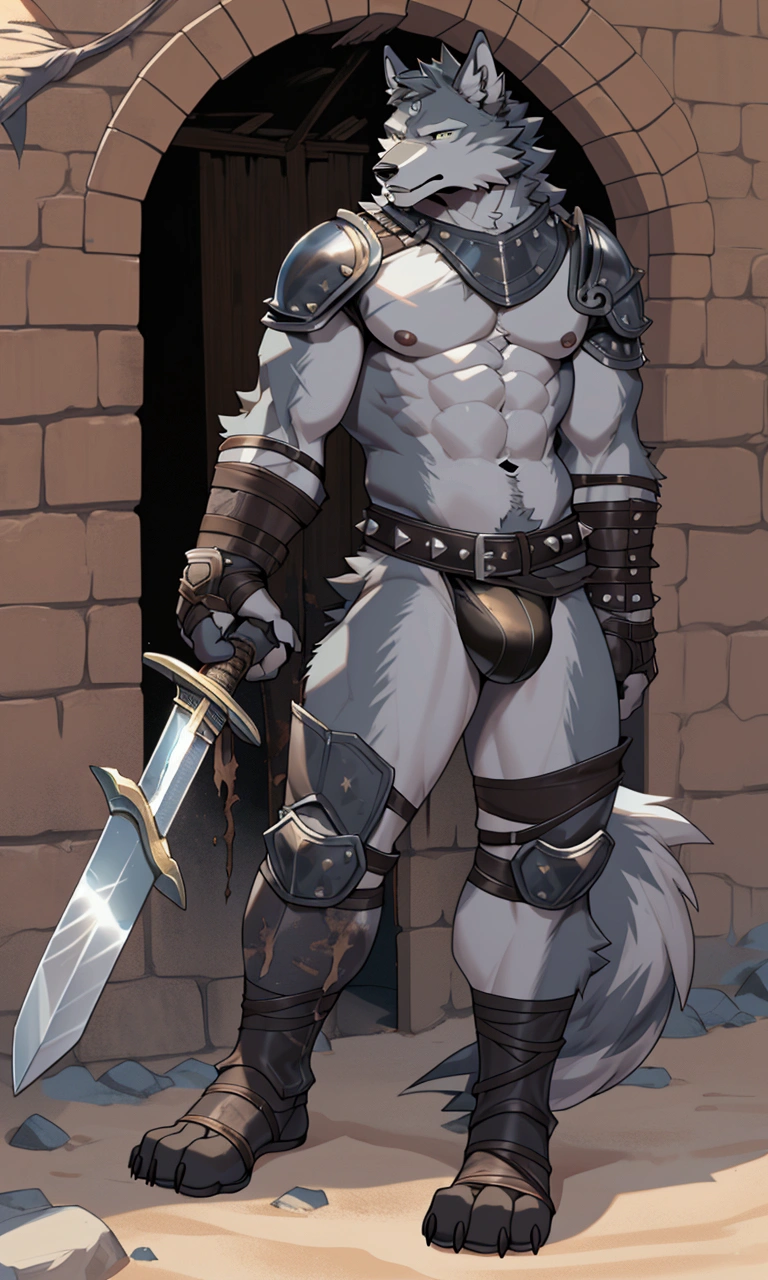 Solo Sexy young anthro furry wolf male mercenary medieval solider, slim endomorph muscular, anthro handsome gay shorter muzzle, handsome gay model male apperance, sword scars, worn out leather skimpy armament, low on hips heavy leather belt, old very worn out skimpy dirty linen material jockstrap, old yellow dirty worn out stains on white sawn jockstrap, very visible "x" brown seam pattern on the jockstrap, studded skimpy armlets breastplate armor, skimpy breastplate, leather bondages, fingerless leather gloves, smelly unwashed furr, dirty body look, desert battlefield, standing in sexy fighting position, close view of full character