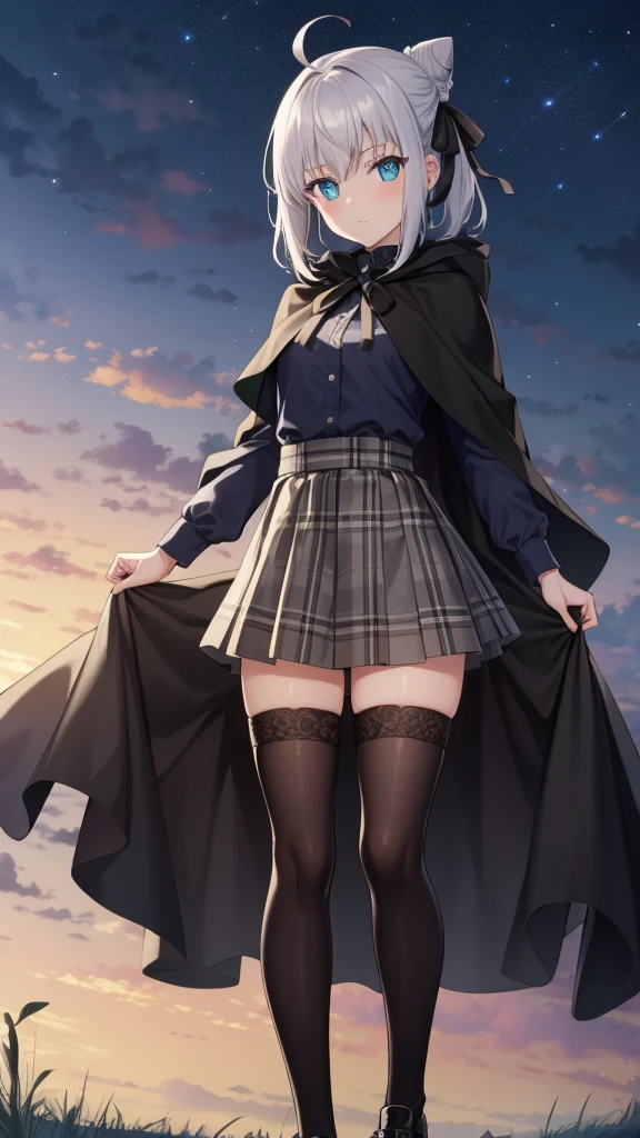 {{{masterpiece}}}, {{{best quality}}}, {{ultra-detailed}}, {illustration}, {{an extremely delicate and beautiful}}, (beautiful detailed eyes:1.6), extremely detailed face, 16k, anime face, fgogray, gray(Fate Grand Order), cute face, blue eyes, short hair, grey hair, ahoge, hair bun, hair ribbon, ribbon, medium breasts, thin waist, big hips, curvaceous,
BREAK hair bun, hair ribbon, ribbon, black cape, black footwear, black ribbon, black shirt, black thighhighs, cape, grey skirt, hood, long sleeves, miniskirt, plaid, plaid skirt, pleated skirt, ribbon, shirt, skirt, solo, thighhighs, zettai ryouiki,
BREAK spread legs, standing, cool face, expressionless, looking at viewer, outdoor, sky, night, church, forest, field, Dutch angle