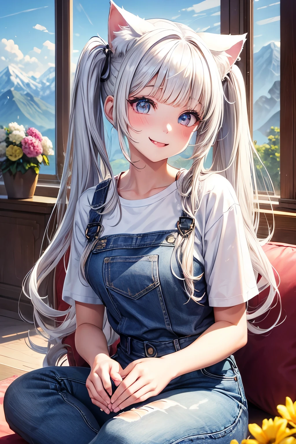 Top quality, high resolution, perfect human structure, background focus, front view, white hair, twin tails, glossy hair, cat ears, smiling heart-shaped eyes, blunt bangs, wavy hair, mountains, flowers, living room, glossy hair, happy smile, sitting, gradient eyes, t-shirt, jeans