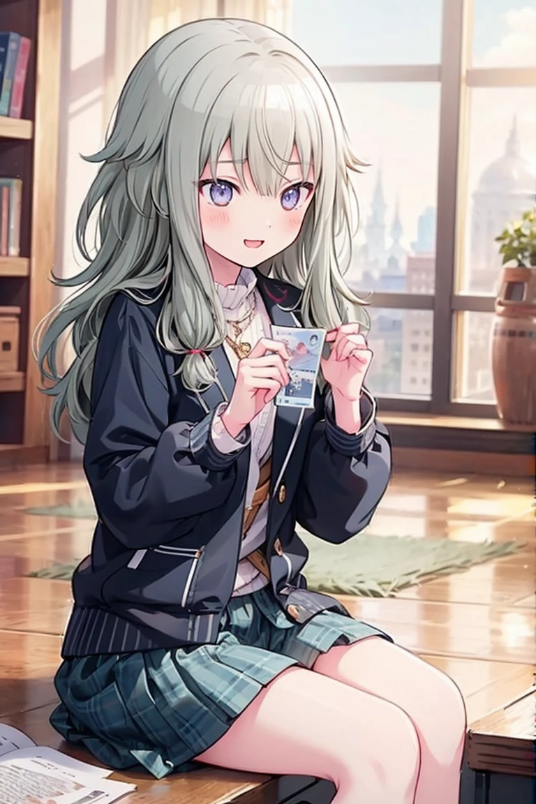 (8k, 最high quality)、Ultra-high resolution、Adorable、最high quality, beautiful, Absurd beauty、masterpiece、Best image quality、(Front facing)、good feeling、smile,Face the camera、Smile、smile、Small face、Adorable満面のsmile, 最high quality、female、Looks 20 years old、1 person、masterpiece, Most detailed、、blazer、skirt、 high quality、Shiny Hair、非常に細かくてbeautiful明るい目、Medium chest、nose blush、非常に精細でクリアでbeautiful顔, Awards, (Anatomically correct)、The whole body is visible、Focus on the face、Sitting