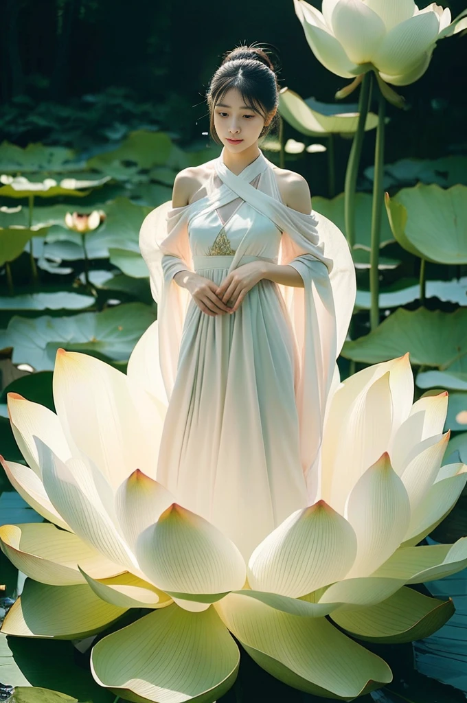 Light pink and light white shades,full body woman love,  white background, natural light, lighting effects, minimalist, elegant, pure softness, soft lighting, In reality. The woman (clavicle, bshoulder,) Posted in (Pray and stand up) super giant lotus，꽃leaf이 크고 길다. (꽃leaf이 얇아요, Soft gauze, 흐르는 꽃leaf의 전체 배경, 떠다니는 꽃leaf, 슈퍼 비행 꽃leaf, 연기와 꽃leaf의 혼합 효과), lotus dress,((aspect)).lotus_leaf_fairy，anatomically correct，((best quality)), ((masterpiece)), ((realistic))