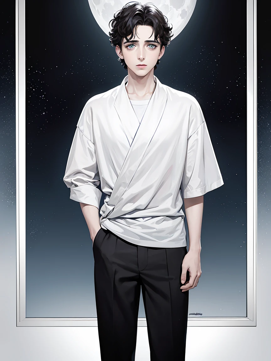 {4 k image}, Timothée Chalamet (standing alone), 28 years old, short black hair with white highlights, blue colored eyes, neutral expression, {Centered image}, {facial portrait}, {Just face photo}, Full moon background, manga line art (monochrome)