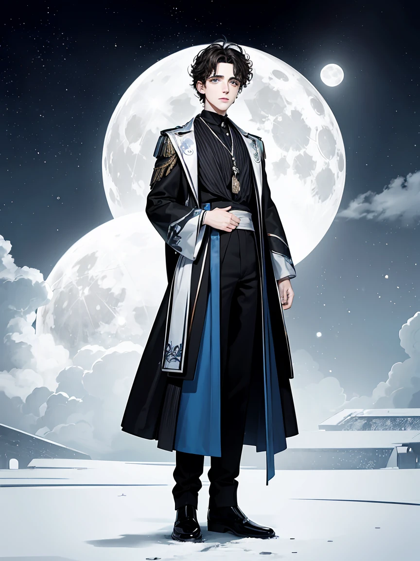 {4 k image}, Timothée Chalamet (standing alone), 28 years old, short black hair with white highlights, blue colored eyes, neutral expression, {Centered image}, {facial portrait}, {Just face photo}, Full moon background, manga line art (monochrome)