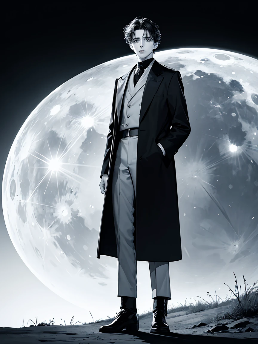 {4 k image}, Timothée Chalamet (standing alone), 28 years old, short black hair with white highlights, blue colored eyes, neutral expression, {Centered image}, {facial portrait}, {Just face photo}, Full moon background, manga line art (monochrome)