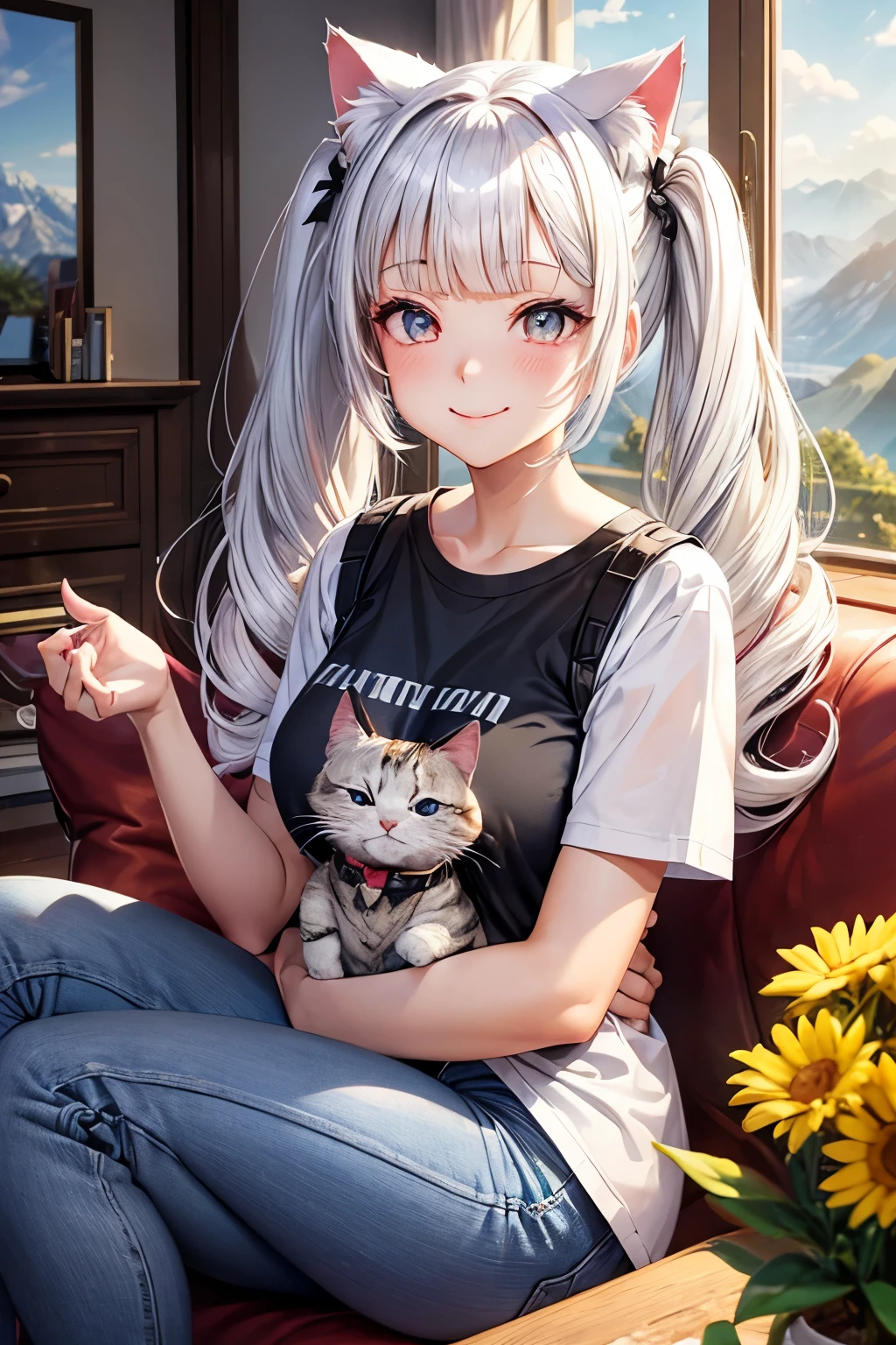 Top quality, high resolution, perfect human structure, background focus, front view, white hair, twin tails, glossy hair, cat ears, smiling heart-shaped eyes, blunt bangs, wavy hair, mountains, flowers, living room, glossy hair, happy smile, sitting, gradient eyes, t-shirt, jeans
