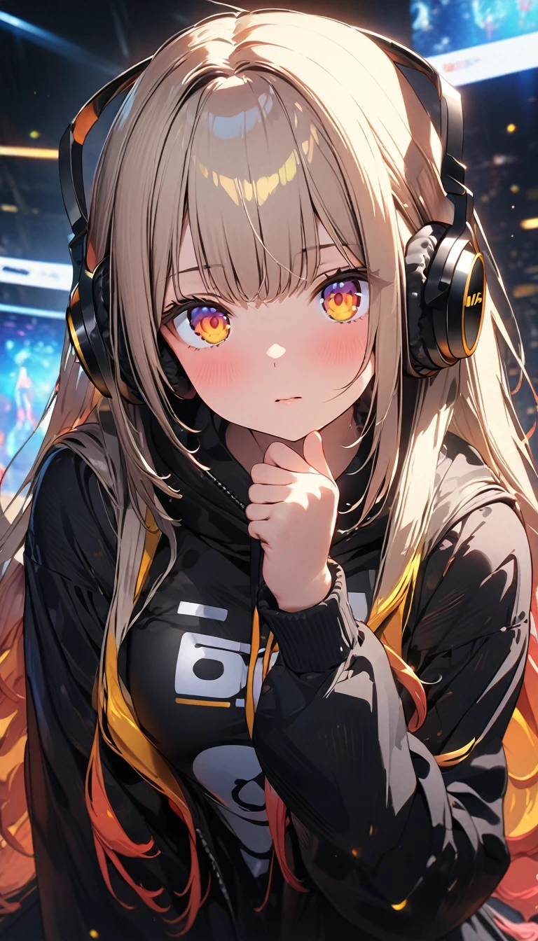 (Best quality, 8k, 32k, Masterpiece, UHD,:1.2),RAW, 1girl,ultra cute , natural lighting,transparent shining eyes, 20yo,medium breast ,fair complexion ,flushed face, dynamic angle, High definition RAW color art, Animation,sculptures, golden eyes、Woman using computer with big screen、silber hair、Semi-long hair、Wearing cool headphones,{{{{{{{{ Black Parker Oversize }}}}}}}},beautiful and delicate golden eyes,Thinking,Black clothes, high res, HD