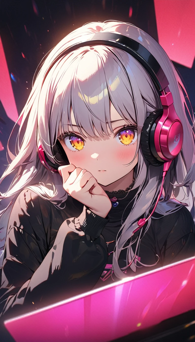 (Best quality, 8k, 32k, Masterpiece, UHD,:1.2),RAW, 1girl,ultra cute , natural lighting,transparent shining eyes, 20yo,medium breast ,fair complexion ,flushed face, dynamic angle, High definition RAW color art, Animation,sculptures, golden eyes、Woman using computer with big screen、silber hair、Semi-long hair、Wearing cool headphones,{{{{{{{{ Black Parker Oversize }}}}}}}},beautiful and delicate golden eyes,Thinking,Black clothes, high res, HD