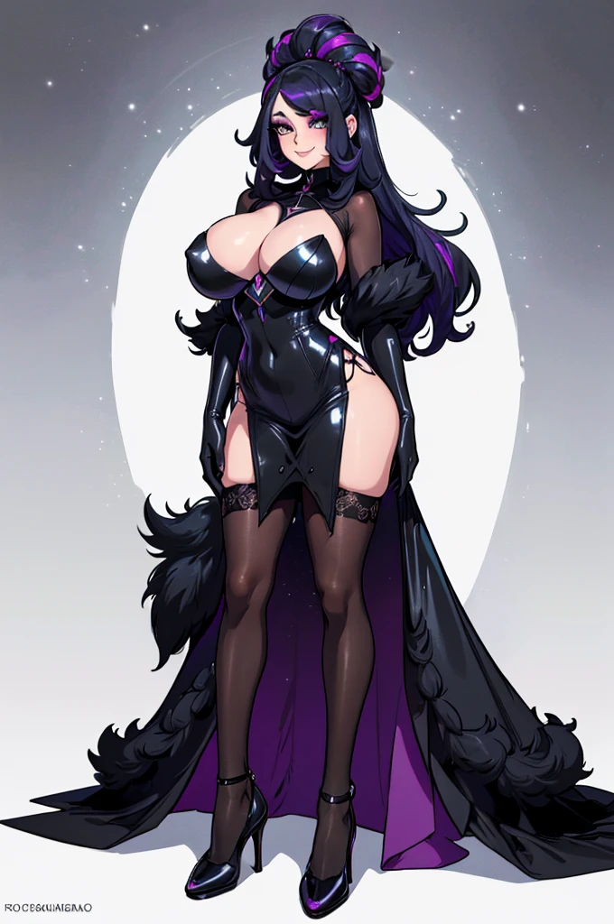 (masterpiece, best quality, high resolution, (pokemon style) ((huge breasts)) 1 woman, very long and messy purple hair, black lips, makeup, black dress with sexy galaxy effects, long black gloves, long black stockings ,black heels,black fur coat,lasive smile,((white background,)), ((full body standing)),
