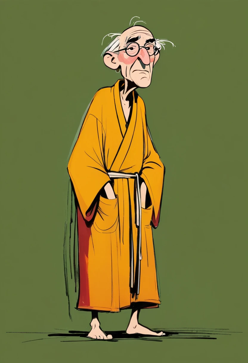 (((Exaggerated digital character sketches:1.37,Matchstick Men))).(1 Old man in a robe,Hunched over,rickets,(Exaggerated expression,),(Black sketch lines,Loose brushstrokes create the outline,Cartoon Style. Bright colors and simplified lines, sketch)。(Exaggerated body movements),(Large area of blank)
