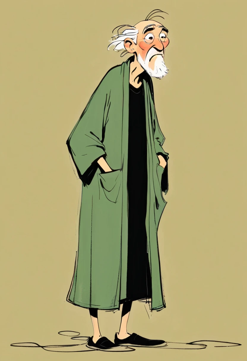 (((Exaggerated digital character sketches:1.37，Matchstick Men))).(1 Old man in a robe，Hunched over，rickets，(Exaggerated expression,)，(Black sketch lines，Loose brushstrokes create the outline，Cartoon Style. Bright colors and simplified lines, sketch)。(Exaggerated body movements),(Large area of blank）