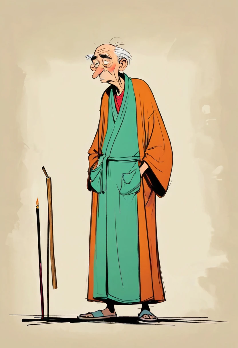 (((Exaggerated digital character sketches:1.37,Matchstick Men))).(1 Old man in a robe,Hunched over,rickets,(Exaggerated expression,),(Black sketch lines,Loose brushstrokes create the outline,Cartoon Style. Bright colors and simplified lines, sketch)。(Exaggerated body movements),(Large area of blank)