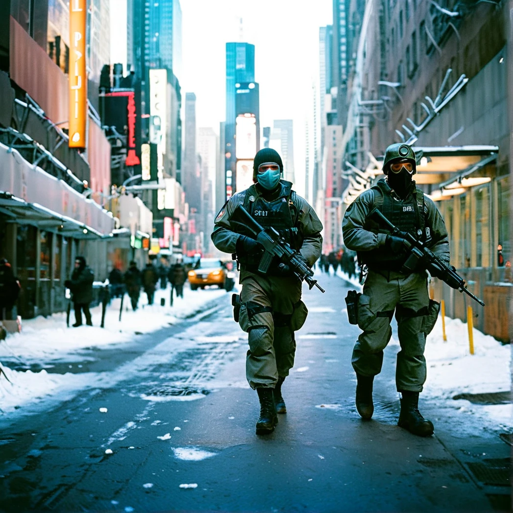 Half-Life 2 combine soldiers on patrol on a winter's day in New York City, wearing masks, highly detailed, ultra realistic, capturing the essence of a cold and bustling urban environment --ar 16:9 --style raw --hd --shot on Fujifilm, Fujicolor C200, depth of field emphasized

